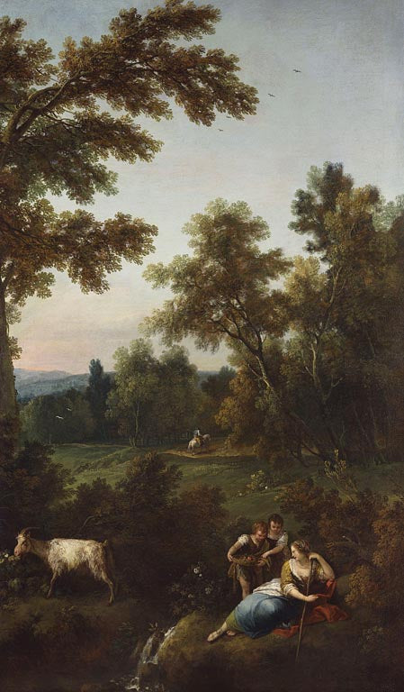 Landscape with Two Young Children offering Fruit to a Woman, vintage artwork by Francesco Zuccarelli, 12x8" (A4) Poster