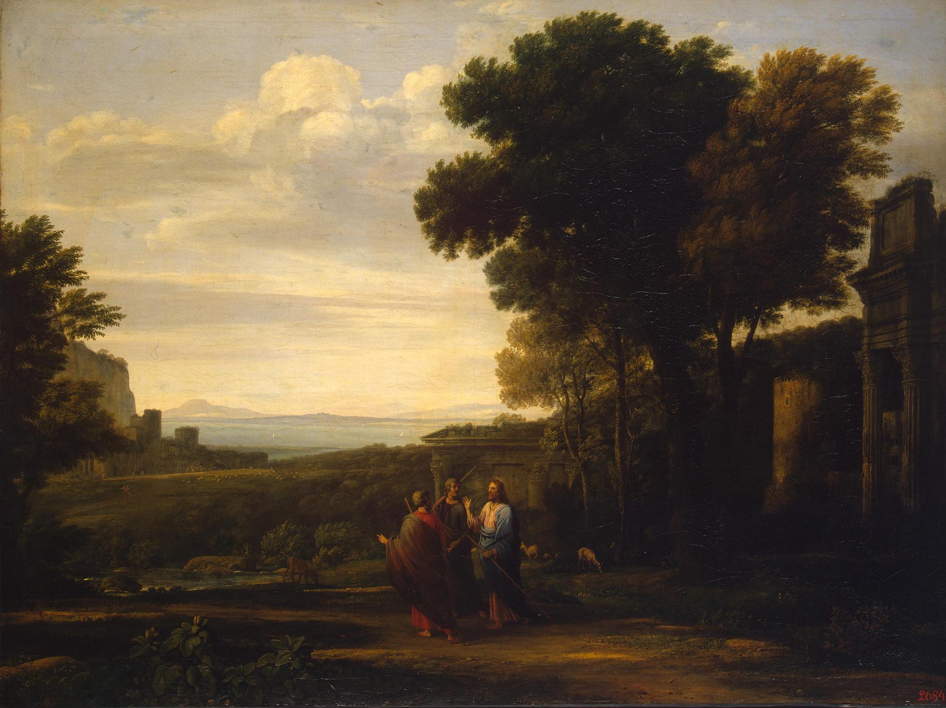 Landscape with Christ on the Road to Emmaus, vintage artwork by Claude Lorrain, 12x8" (A4) Poster