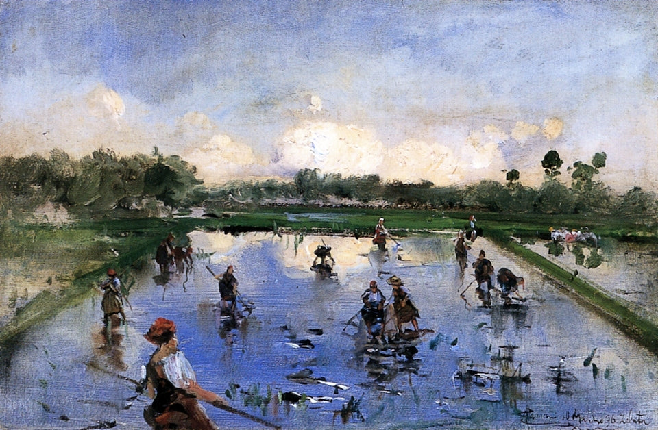 Rice Weeders in Zelata, vintage artwork by Pompeo Mariani, 12x8" (A4) Poster