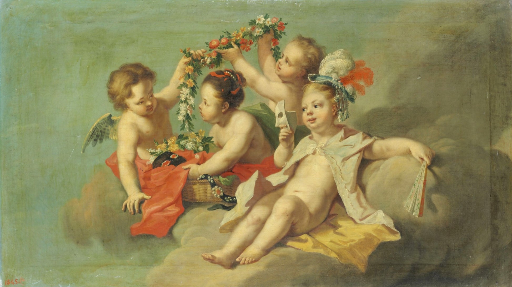 Children Floating on Clouds with a Flower Garland, a Mask and a Fan, vintage artwork by Johann Heinrich Tischbein the Elder, 12x8" (A4) Poster