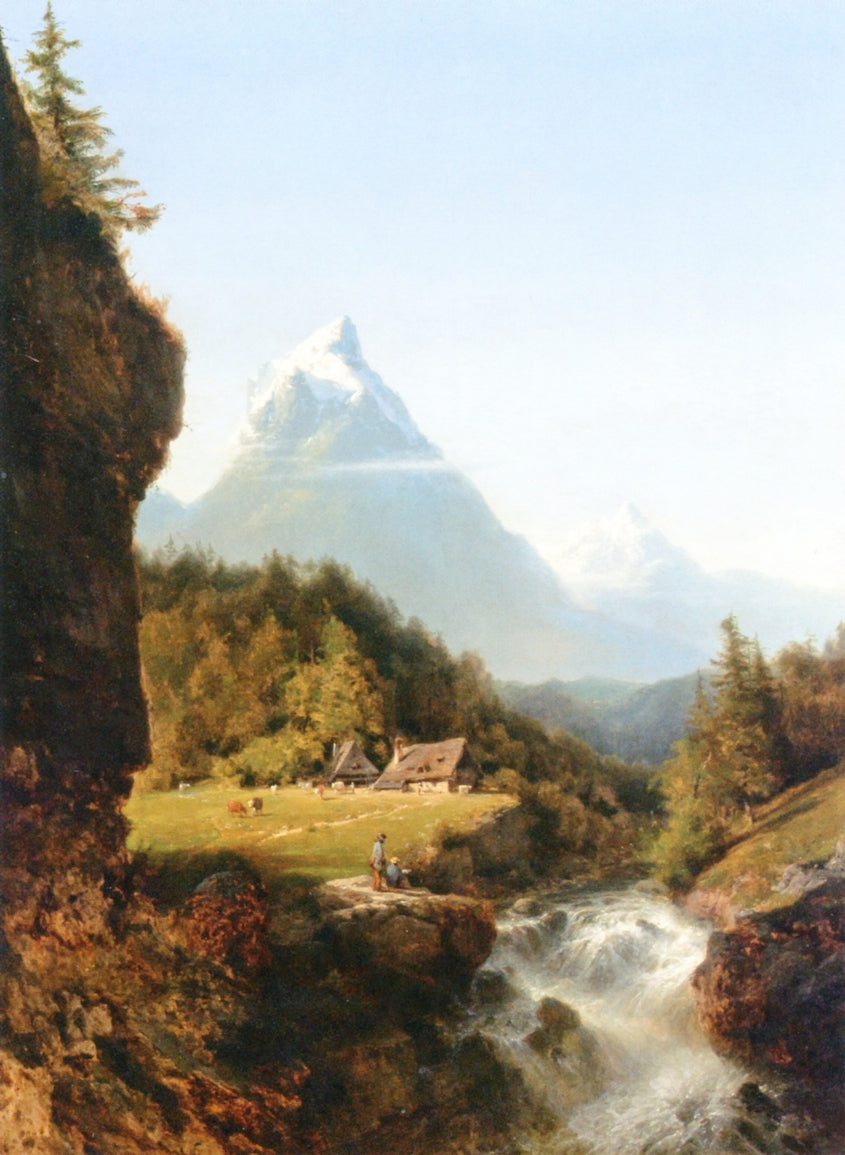 Shepherds near an Alpine River, vintage artwork by Charles Euphraisie Kuwasseg, 12x8" (A4) Poster