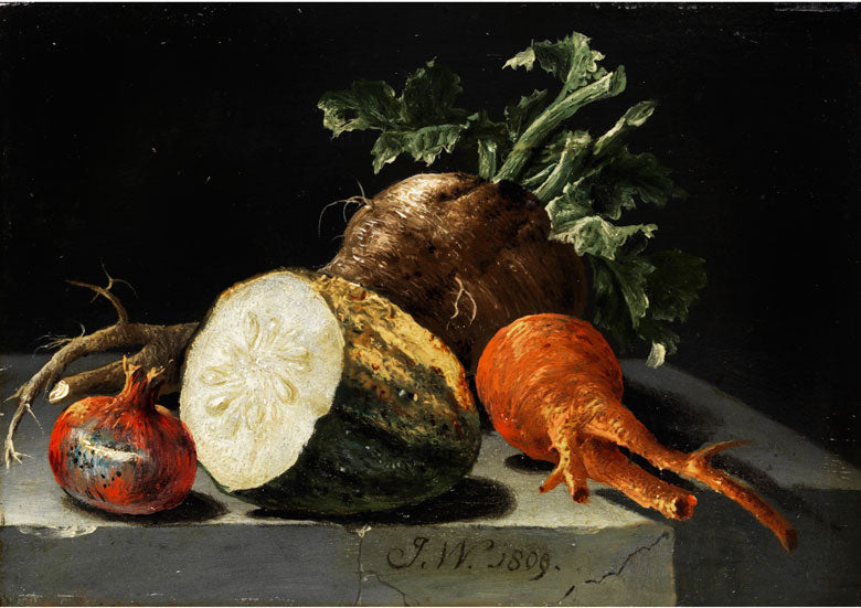 Small still life with vegetables and pomegranate, vintage artwork by Johann Amandus Winck, 12x8" (A4) Poster