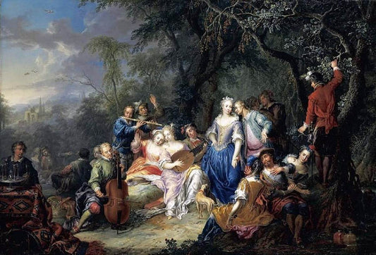 Elegant Company with Figures Playing Musical Instruments, vintage artwork by Franz Christoph Janneck, 12x8" (A4) Poster