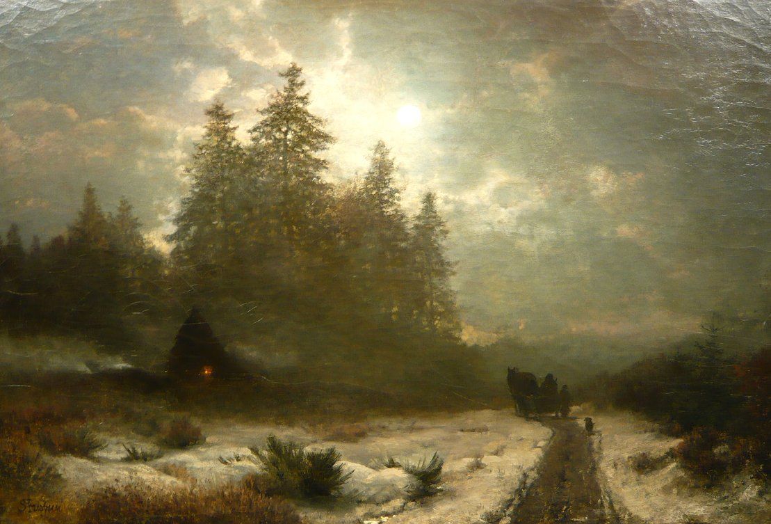 Winter sleigh ride at moonlight, vintage artwork by Sophus Jacobsen, 12x8" (A4) Poster