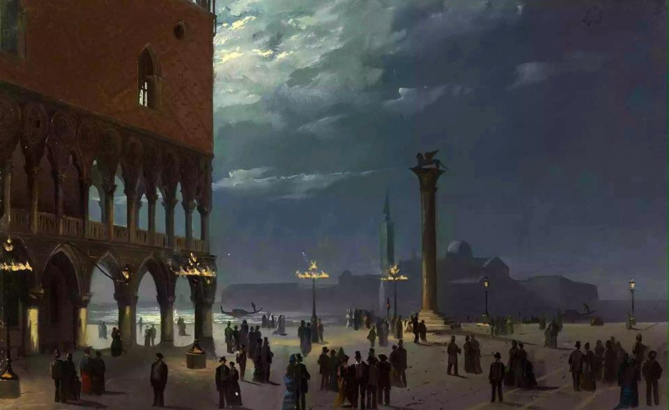 Moonlight View of the Piazzetta,Venice, vintage artwork by Ippolito Caffi, A3 (16x12") Poster Print