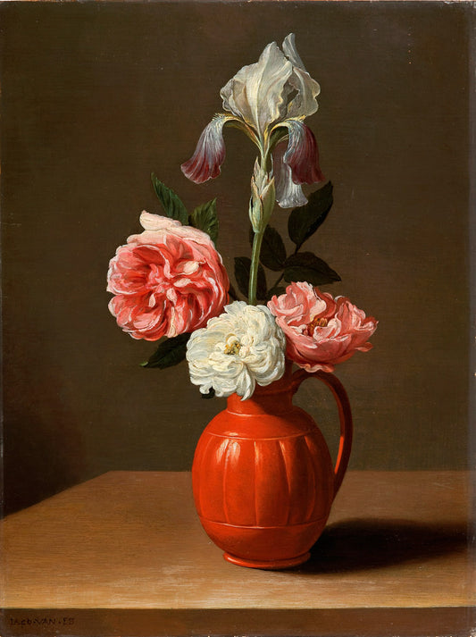 An Iris and Three Roses in an Earthenware Pot, vintage artwork by Jacob Foppens van Es, 12x8" (A4) Poster