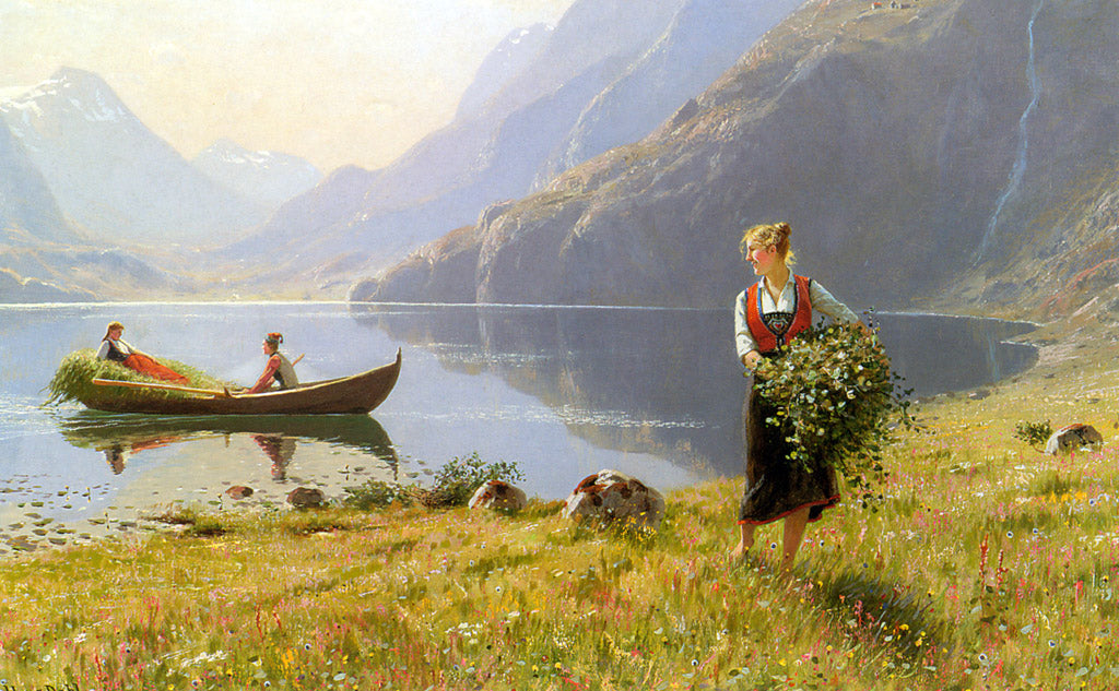 Harvesters by  the Banks of a Fjord, vintage artwork by Hans Dahl, 12x8" (A4) Poster