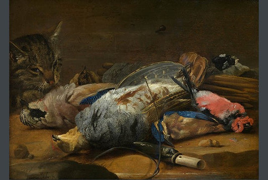 Cat with Birds, vintage artwork by Carstian Luyckx, 12x8" (A4) Poster