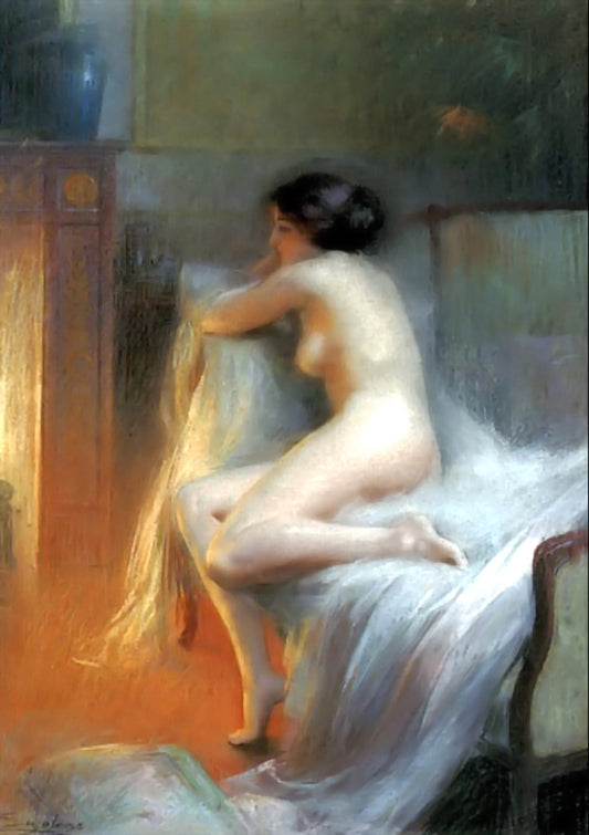 A Nude Reclining by  the Fire, vintage artwork by Delphin Enjolras, 12x8" (A4) Poster