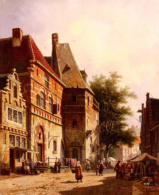 A Sunlit Street On A Market Day, vintage artwork by Adrianus Eversen, A3 (16x12") Poster Print