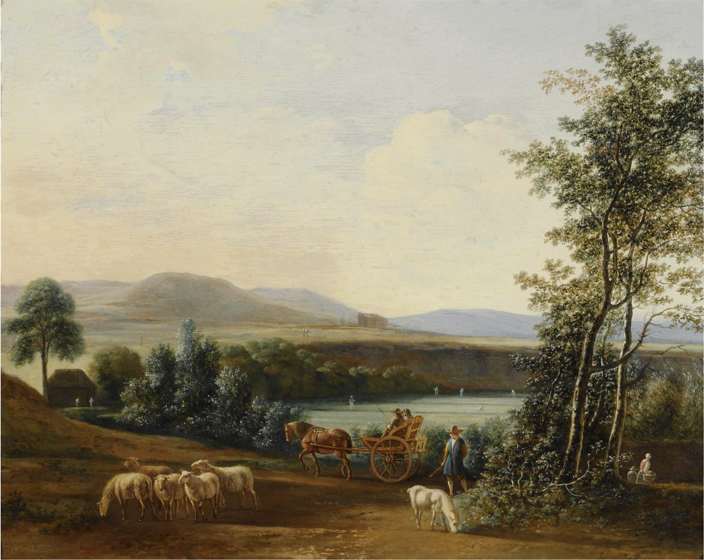 An extensive hilly landscape with a horse-drawn carriage with elegant, vintage artwork by Gerrit Adriaensz.Berckheyde, 12x8" (A4) Poster