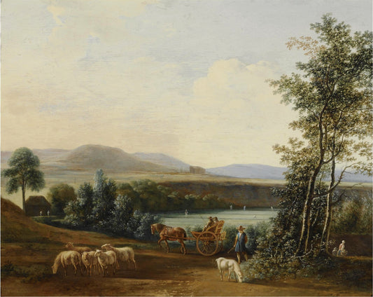An extensive hilly landscape with a horse-drawn carriage with elegant, vintage artwork by Gerrit Adriaensz.Berckheyde, 12x8" (A4) Poster