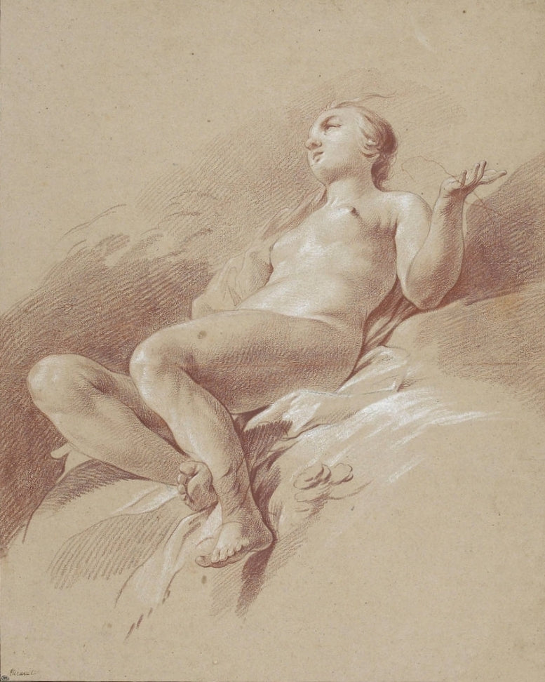 Naked Young Woman Sat on Rocks, vintage artwork by Hugues Taraval, 12x8" (A4) Poster
