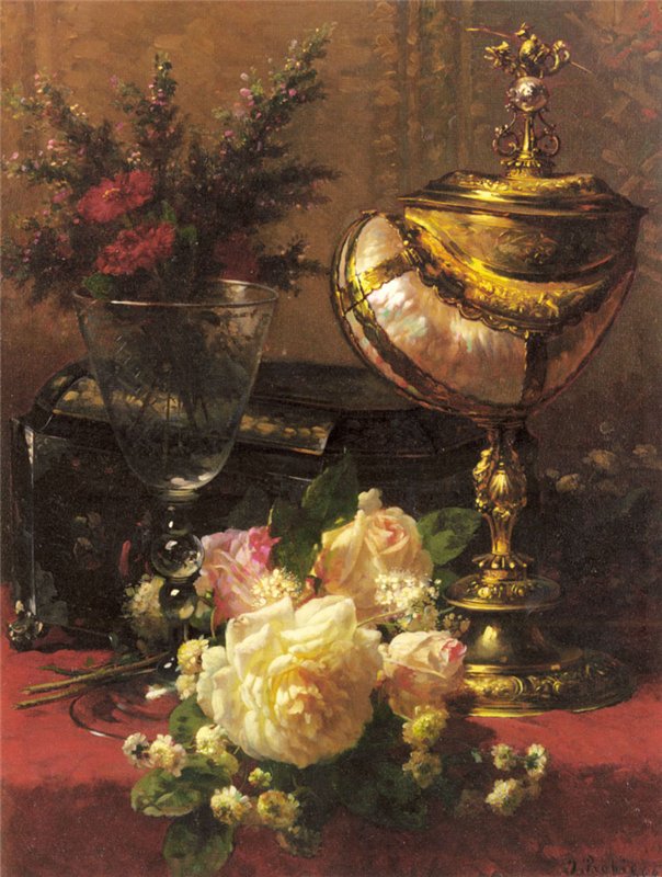 A Bouquet of Roses and Other Flowers in a Glass Goblet, vintage artwork by Jean Baptiste Robie, A3 (16x12