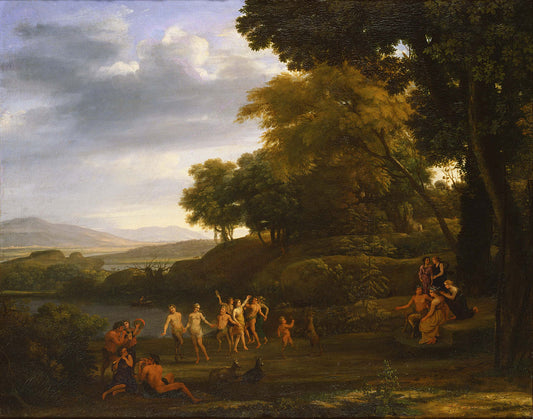 Landscape with Dancing Satyrs and Nymphs, vintage artwork by Claude Lorrain, 12x8" (A4) Poster
