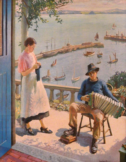 The Blue Door: Newlyn, vintage artwork by Harold Charles Francis Harvey, 12x8" (A4) Poster