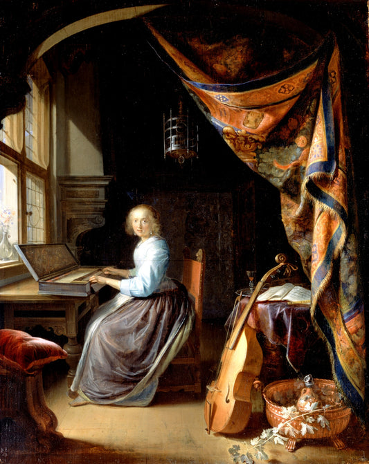 A Woman playing a Clavichord, vintage artwork by Gerrit Dou, 12x8" (A4) Poster