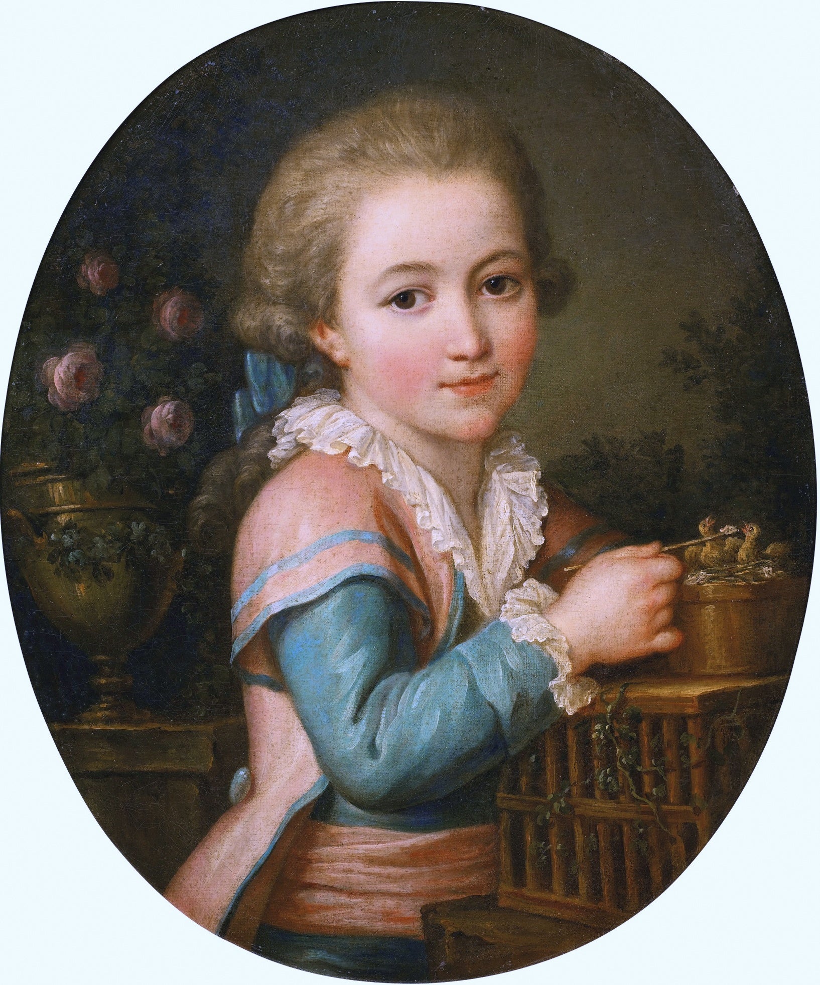 Portrait of a Boy Feeding Two Birds, vintage artwork by Marie-Victoire Lemoine, 12x8" (A4) Poster