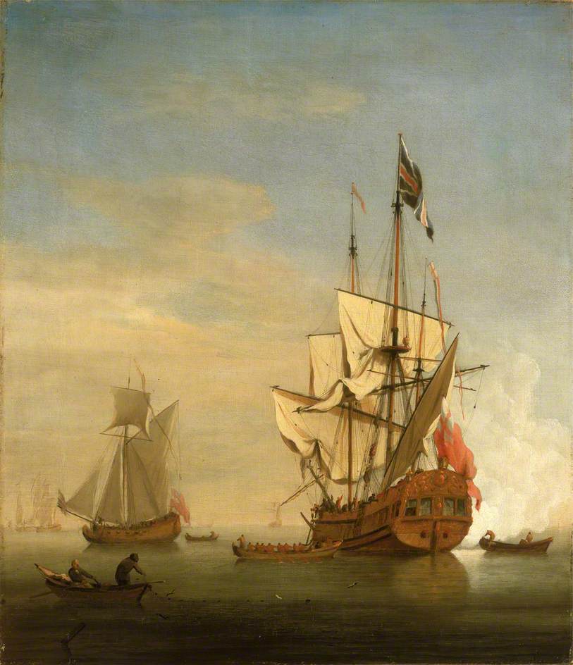 An English Sixth-Rate Ship Firing a Salute as a Barge Leaves, vintage artwork by Willem van de Velde the Younger, 12x8" (A4) Poster