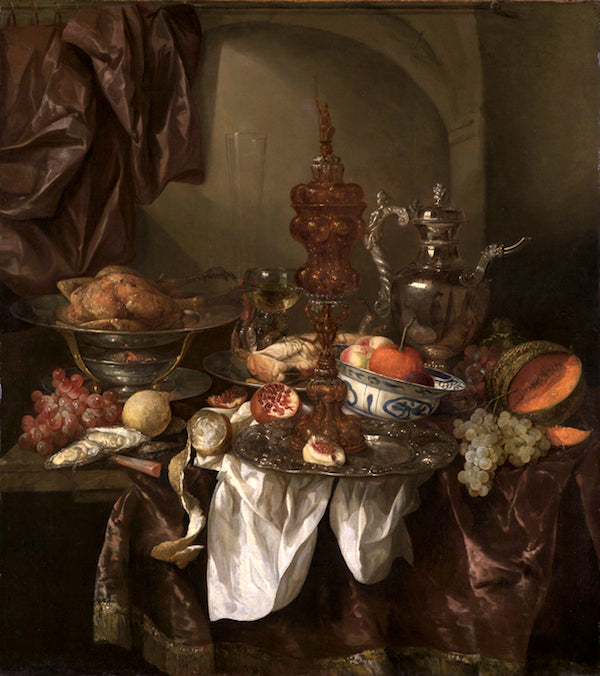 Still life with fruit, roast, silver- and glassware, porcelain and columbine cup on a dark tablecloth with white serviette., vintage artwork by Abraham van Beyeren, 12x8" (A4) Poster