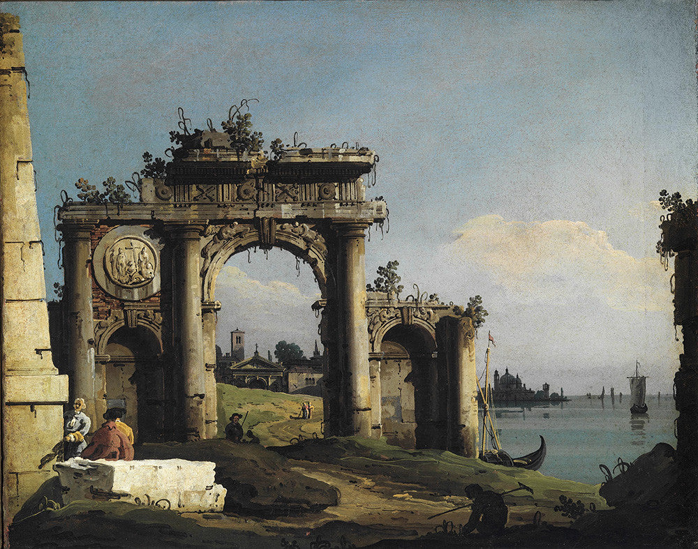 Capriccio with a triumphal arch ruins, vintage artwork by Bernardo Bellotto, 12x8" (A4) Poster