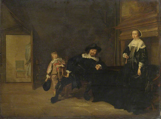 Portraits of a Man, A Woman and a Boy in a Room, vintage artwork by Pieter Codde, 12x8" (A4) Poster