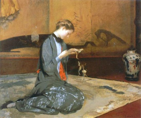 Girl cutting Patterns, vintage artwork by Edmund Tarbell, 12x8" (A4) Poster