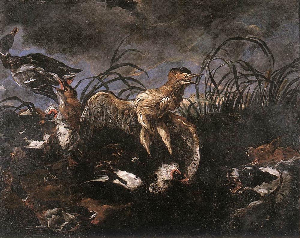 Bittern and Ducks Startled by  Dogs, vintage artwork by Jan Fyt, 12x8" (A4) Poster