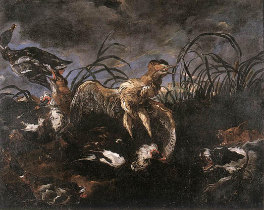 Bittern and Ducks Startled by  Dogs, vintage artwork by Jan Fyt, 12x8" (A4) Poster
