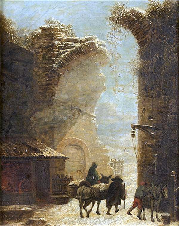 Travellers in a Village under the Snow, vintage artwork by Cesar Van Loo, 12x8" (A4) Poster
