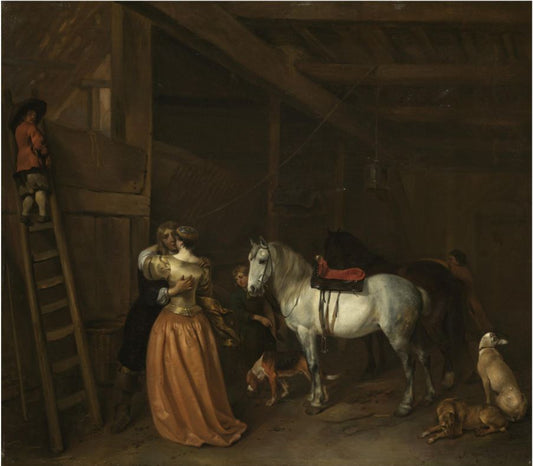 An Amorous Couple in a Stable, vintage artwork by Hendrick Verschuring, 12x8" (A4) Poster