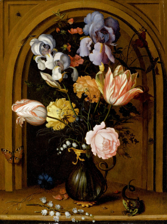 Still Life of Flowers in a Glass Vase on a niche with butterfly, lizard, fly and dragonfly, vintage artwork by Balthasar van der Ast, 12x8" (A4) Poster