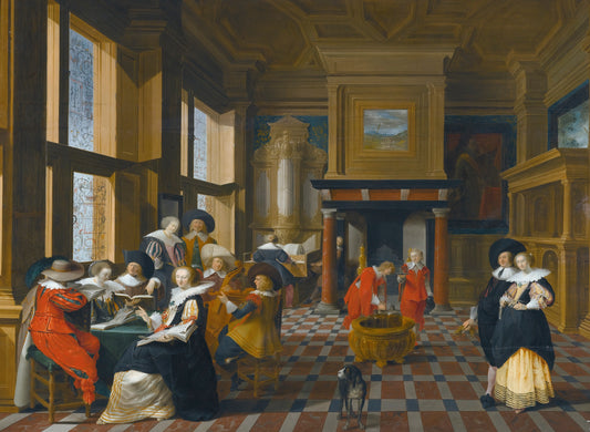 An Interior Scene with Elegant Figures Playing Music, vintage artwork by Dirck van Delen, 12x8" (A4) Poster