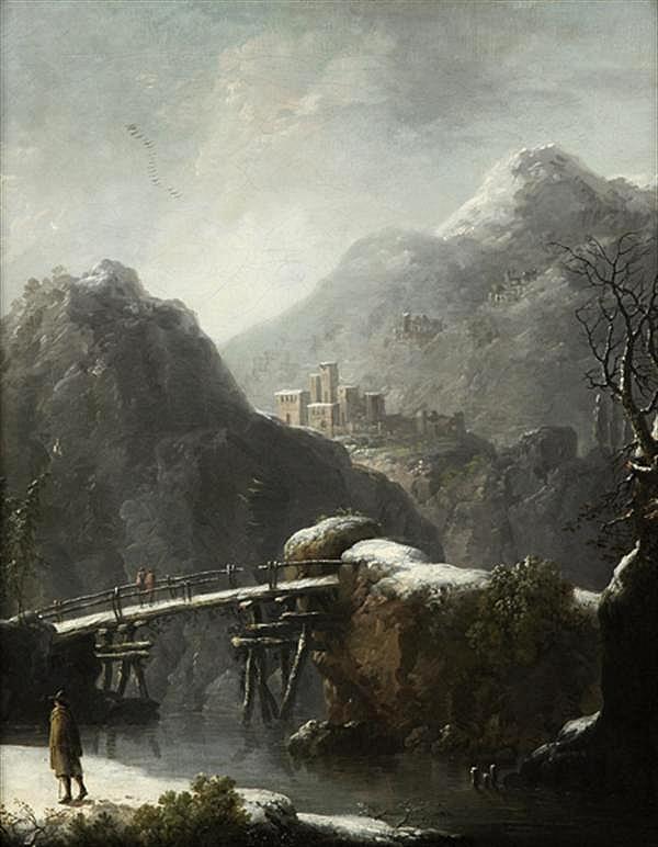 Snowy Landscape with a Bridge over a River and Figures, vintage artwork by Cesar Van Loo, 12x8" (A4) Poster