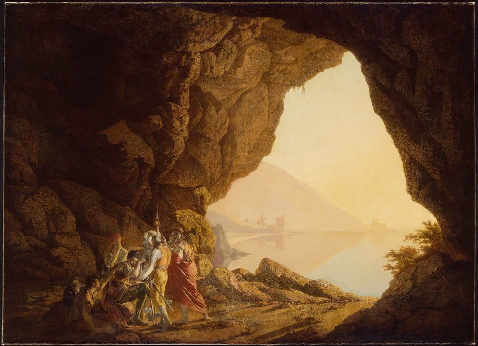 Grotto by  the Seaside in the Kingdom of Naples with Banditti, Sunset, vintage artwork by Joseph Wright of Derby , 12x8" (A4) Poster