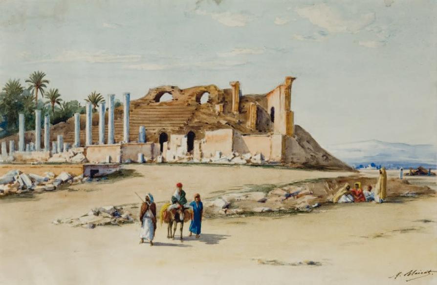 Bedouin Camp next to an Ancient Theater (Campement bedouins aux abords d'un theâtre antique), vintage artwork by Marcel Blairat, 12x8" (A4) Poster