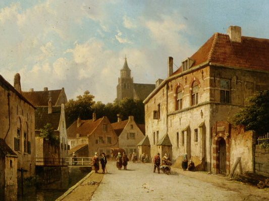Figures along a canal in a Dutch town, vintage artwork by Adrianus Eversen, A3 (16x12") Poster Print
