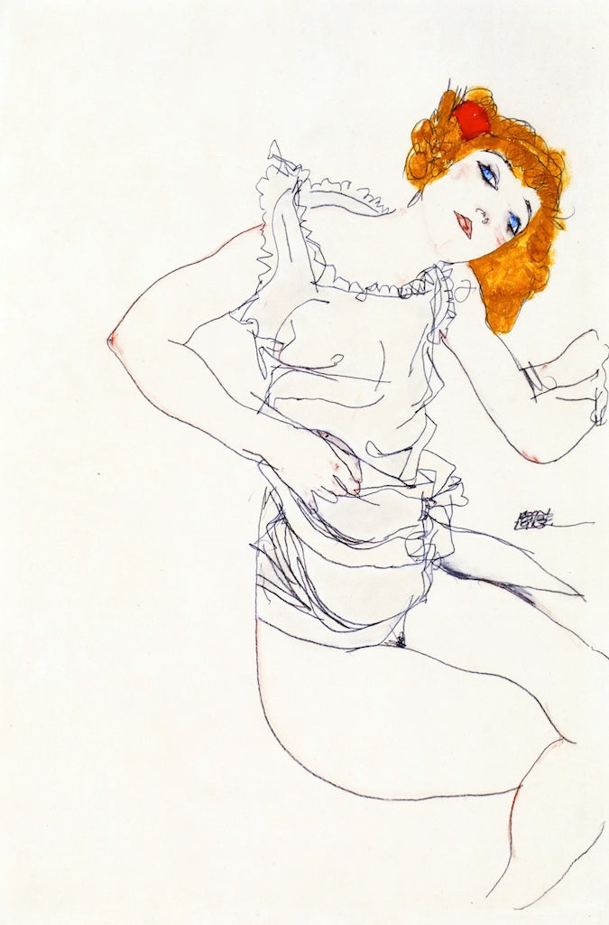 Blond Girl in Underwear, vintage artwork by Egon Schiele, 12x8