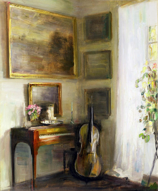 Interior with Cello and Spinet, vintage artwork by Carl Vilhelm Holsøe, 12x8" (A4) Poster