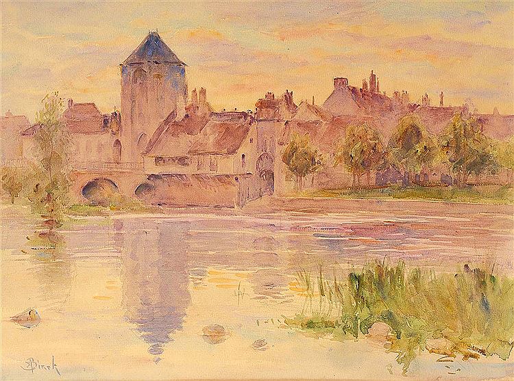 Sunset at Moret sur Loing, vintage artwork by Alphonse Birck, 12x8" (A4) Poster