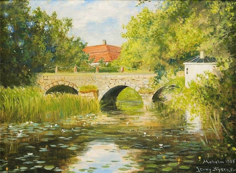 Lily Pond With Stone Bridge at Moholm, vintage artwork by Jenny Nyström, 12x8" (A4) Poster