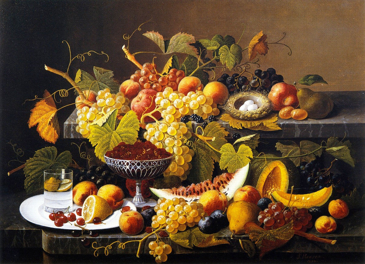 Still LIfe - Basket of Apples and Chestnuts on a Table, vintage artwork by Severin Roesen, A3 (16x12") Poster Print
