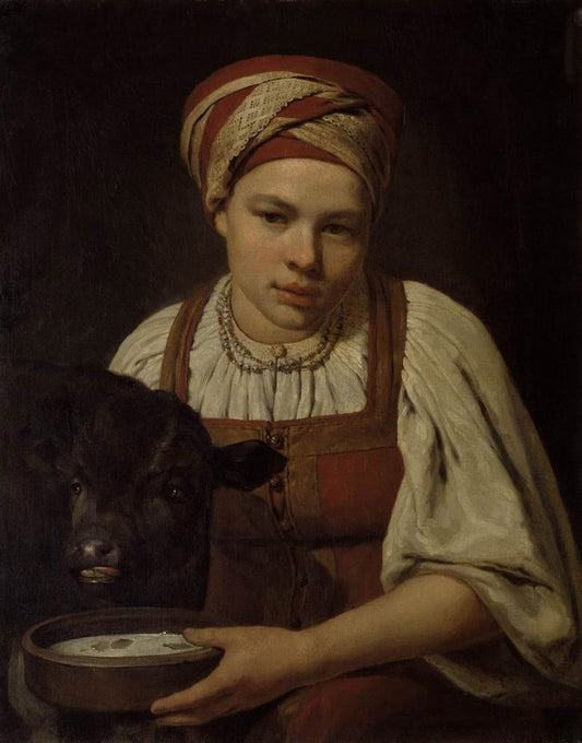 Peasant Girl with a Calf, vintage artwork by Alexei Venetsianov, 12x8" (A4) Poster
