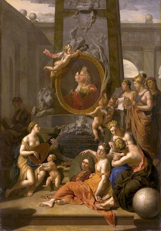 The arts pay homage to the Elector Johann Wilhelm von der Pfalz ...., vintage artwork by Adriaen van der Werff, 12x8" (A4) Poster