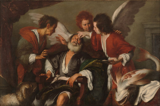 Tobias Curing his Father's Blindness, vintage artwork by Bernardo Strozzi, 12x8" (A4) Poster