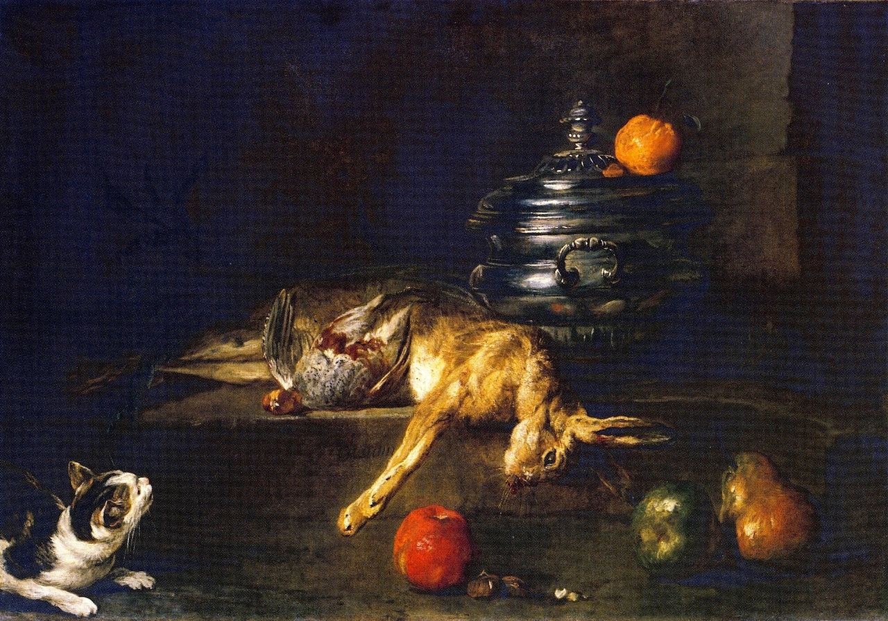 A Soup Tureen with a Cat Stalking a Partridge and Hare, vintage artwork by Jean-Baptiste-Simeon Chardin, 12x8" (A4) Poster