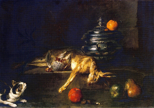 A Soup Tureen with a Cat Stalking a Partridge and Hare, vintage artwork by Jean-Baptiste-Simeon Chardin, 12x8" (A4) Poster