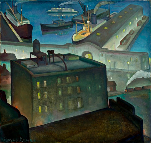 The Embarcadero at Night, vintage artwork by Rinaldo Cuneo, 12x8" (A4) Poster