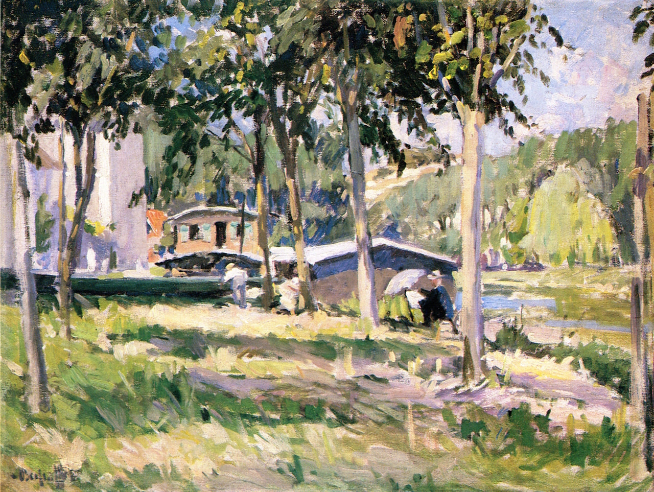 Painter by  a Canal in France, vintage artwork by George Oberteuffer, 12x8" (A4) Poster