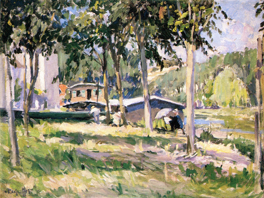 Painter by  a Canal in France, vintage artwork by George Oberteuffer, 12x8" (A4) Poster